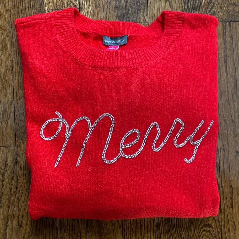 Vince Camuto Women’s Holiday Sweater Red  Large Merry Logo Casual Beaded Top